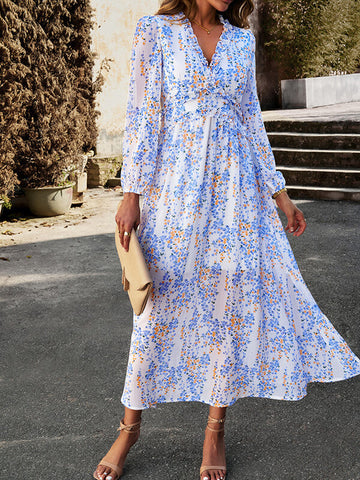 Woochic robe longue mousseline imprimé à fleurie fendu le côté v-cou élégant bal de promo Blanche S